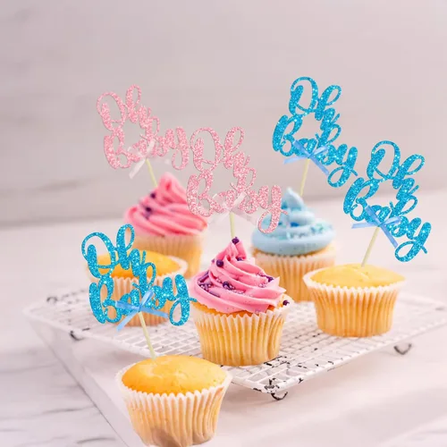 Miniatura 7 de Gyufise 36 piezas de decoraciones para cupcakes Oh Baby, arcoíris rosa y azul con purpurina, para baby shower, revelación de género, cupcakes para B