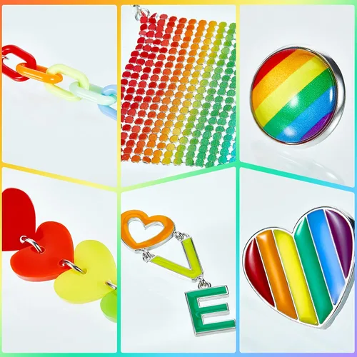 Miniatura 3 de 6 pares de aretes de arco iris, aretes de orgullo, aretes de malla de arco iris, aretes de clip de cadena ligera, aretes colgantes de amor, aretes