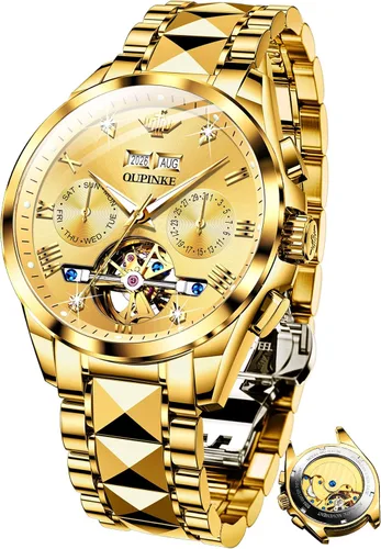 OUPINKE - Reloj automático para hombre, diseño de esqueleto de diamante mecánico de cuerda automática, lujo, reloj de pulsera de cristal de zafiro