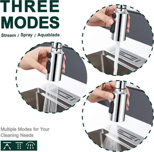 Miniatura 2 de Cabezal de repuesto extraíble para grifo, cabezal rociador de 3 funciones para grifo de cocina, cabezal de grifo de fregadero cromado con 15 Cromo