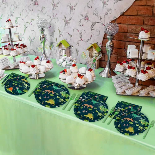 Miniatura 5 de Tevxj Juego de vajilla de dinosaurio de 96 piezas, platos desechables con temática de dinosaurios, servilletas y tenedores para decoración de fiesta