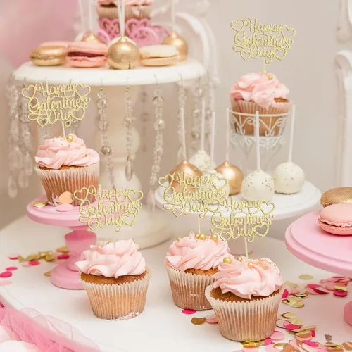 Miniatura 5 de 24 piezas de decoración de cupcakes con purpurina dorada para el día de San Valentín, temática de San Valentín, fiesta de cumpleaños, suministros