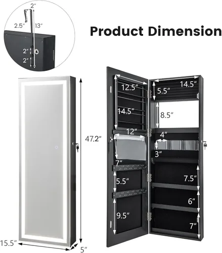 Miniatura 6 de Giantex Armario de joyería para puerta de pared, espejo de longitud completa iluminado con pantalla táctil con cerradura de 47.2 pulgadas, 3 ajustes