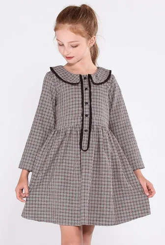 Miniatura 6 de SOLOCOTE Vestido a cuadros para niñas, de algodón, casual, de primavera, manga larga, cuello Peter Pan, 3-14 años