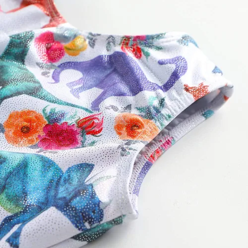 Miniatura 53 de HOZIY - Leotardos de gimnasia con pantalones cortos brillantes para niñas pequeñas; estampados de unicornio, aurora, arco iris, sirena, dinosaurio