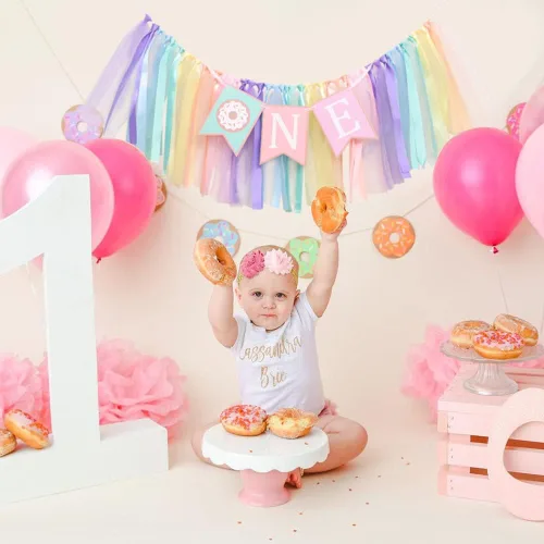 Miniatura 3 de Cartel de cumpleaños de 1 a 2 años de edad – Cartel para silla alta de cumpleaños con tema de dona, un grupo de tutú de cinta de arco iris suave