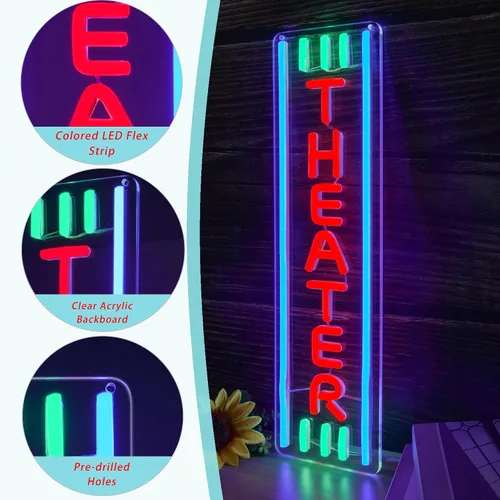 Miniatura 4 de Letrero de neón de teatro, luz LED regulable para decoración de pared, accesorios de cine en casa, luz de neón para sala de cine, decoración de bar