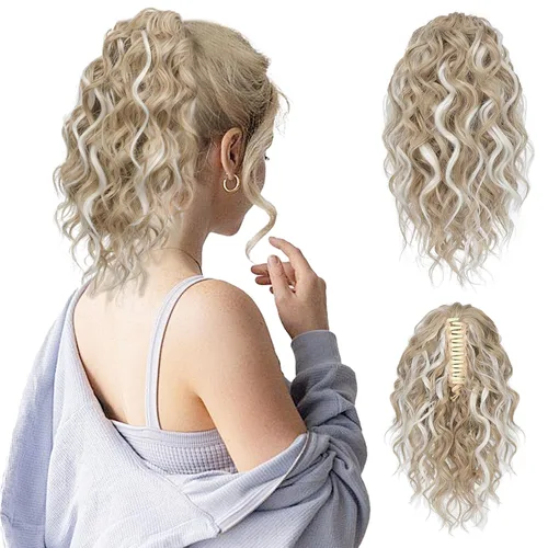 Miniatura 25 de Flufymooz Extensión de cola de caballo, extensión de cola de caballo corta de 12 pulgadas con pinza de garra, cabello ondulado rizado, clip