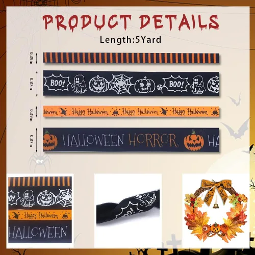 Miniatura 2 de 4 rollos de cintas de grogrén de 20 yardas, estampado de calabaza de Halloween, tela de araña satinada, rayas negras y naranjas, cintas de envoltura