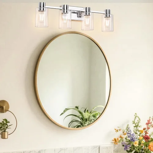 Miniatura 5 de Lámparas de tocador modernas de 4 luces sobre el espejo, lámparas de baño cromadas, luces de tocador, aplique de pared con pantalla de vidrio Cromo