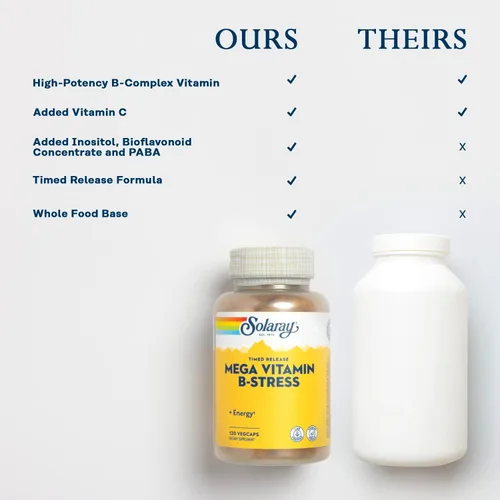 Miniatura 5 de SOLARAY Mega Vitamina B-Stress, Complejo de Vitamina B de Liberación Prolongada con 1000 mg de Vitamina C para Estrés, Energía, Glóbulos Rojos