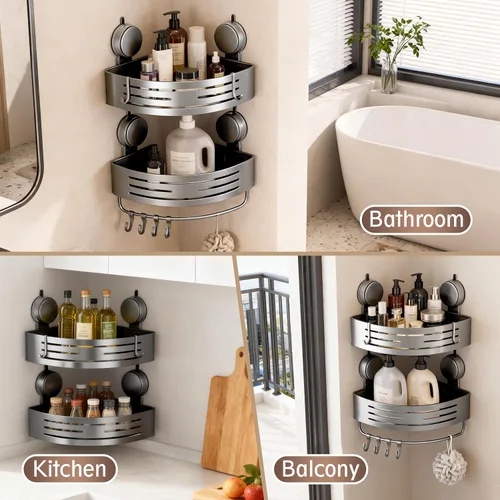 Miniatura 6 de Organizador de ducha de esquina con ventosa, paquete de 2 estantes de ducha de esquina de aluminio gris sin perforaciones con barra de toalla