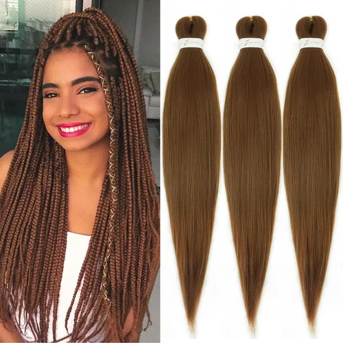 Miniatura 60 de Cabello trenzado marrón preestirado de 30 pulgadas, 3 paquetes de cabello trenzado preestirado de color 30 EZ, textura Yaki, extensiones de cabello