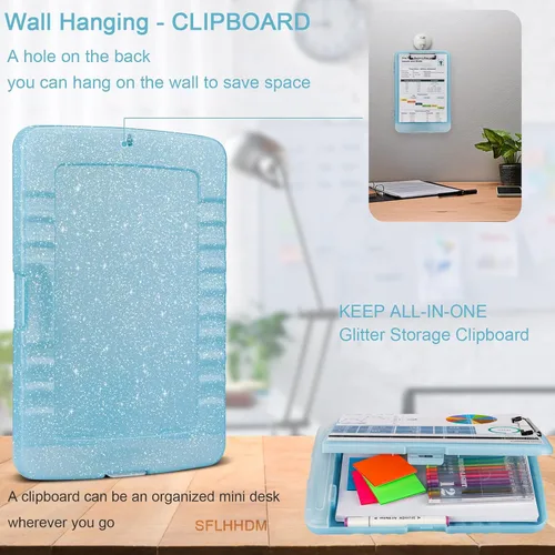Miniatura 6 de Portapapeles con purpurina con almacenamiento, portapapeles de almacenamiento con soporte para bolígrafos, tableros de clip A4 de 8.5 x 11 pulgadas