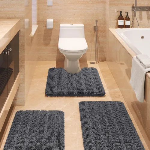 Miniatura 63 de ACCUMTEK - Juego de alfombras de baño a rayas beige de 3 piezas, ultrasuaves, antideslizantes de chenilla, alfombras de baño mullidas y absorbentes