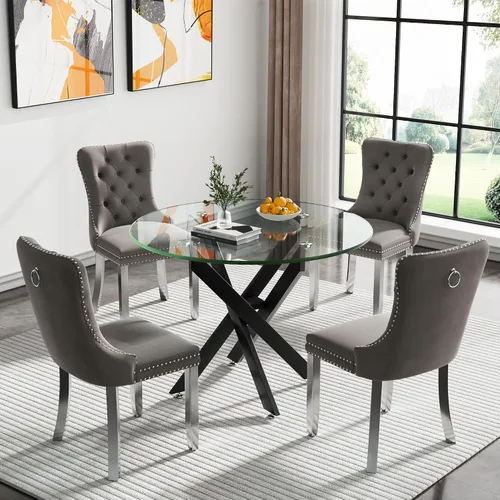 Miniatura 61 de Juego de 4 mesas de comedor redondas de vidrio para 4, juego de mesa de cocina pequeña para 4, mesa redonda de vidrio de 35 pulgadas, juego de 4