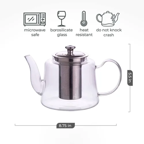 Miniatura 2 de Aserson Tetera de vidrio de 37.2 fl oz/37 oz, resistente al calor, infusor de acero inoxidable, hecha a mano, cafetera de té de hojas, vidrio