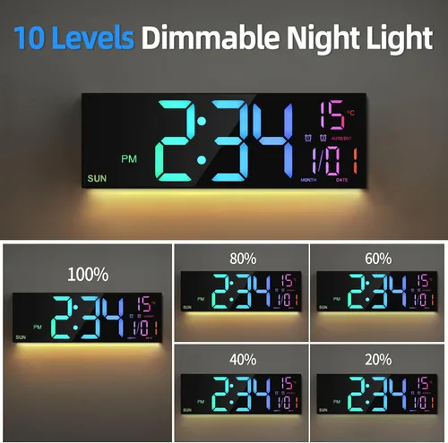 Miniatura 4 de LEIKE Reloj de pared digital grande de 16.2 pulgadas con control remoto, LED grande, alarma dual, 8 colores RGB, brillo automático, fecha, DST Negro