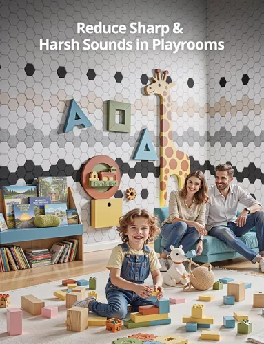Miniatura 4 de Paneles acústicos de pared absorbentes de sonido, panel de azulejos autoadhesivos de panal de abeja, paquete de 12 unidades de diseño hexagonal Beige
