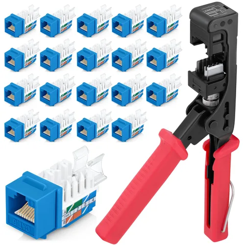 Everest 45Term - Juego de herramientas Keystone de terminación de velocidad en ángulo de 45°, con 20 conectores Keystone RJ45 Cat6 en azul (diseño