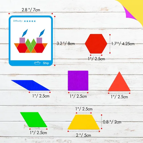 Miniatura 2 de 155 PIEZAS Juego de Bloques de Patrón de Madera, 24 Tarjetas de Diseño Doble Cara (48 Patrones) Rompecabezas de Forma Geométrica Divertido Tangram