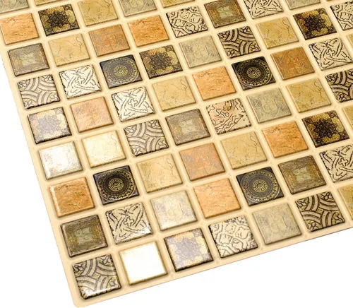 Miniatura 4 de Dundee Deco PG7053 Mosaico de cuadros envejecidos de imitación amarillo marrón oscuro, 3.1 pies x 1.6 pies, panel de pared 3D de PVC, decoración