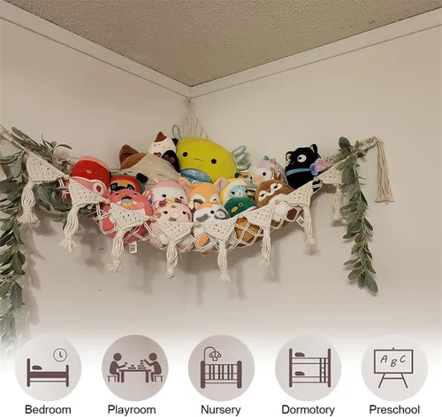 Miniatura 5 de Hamaca de almacenamiento de juguetes de peluche para colgar en la pared, organizador colgante de esquina para dormitorio, soporte de juguetes