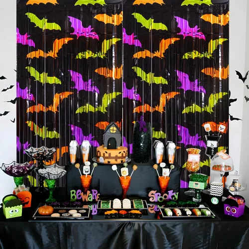 Miniatura 5 de Mega-L - Decoraciones de fiesta de Halloween, paquete de 2 unidades, verde, naranja, morado, patrón de murciélago, accesorios para cabina de fotos