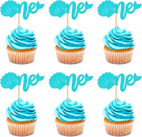 Miniatura 16 de 40 piezas comestibles bajo el mar, sirena, cupcakes, algas, pulpos, estrellas de mar, cupcakes, lindos animales del océano, selecciones de alimentos