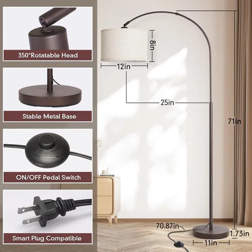 Miniatura 2 de Lámpara de pie de ratán, lámparas de pie de arco para sala de estar, lámpara de pie de granja con pantalla de tela colgante ajustable, lámpara