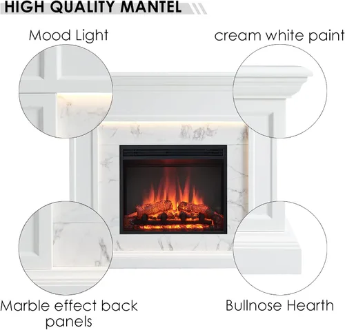 Miniatura 5 de Suite de Chimenea Legend Flame Sheraton, Repisa de 48 Pulgadas, Acabado en Crema Blanca con Patrón de Mármol Blanco Nevado, con Inserto de Chimenea