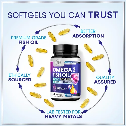 Miniatura 6 de Suplementos de aceite de pescado Omega 3 – 2400 mg de aceite de pescado por porción – Omega-3 de triple fuerza con ácidos grasos EPA y DHA – Apoyo
