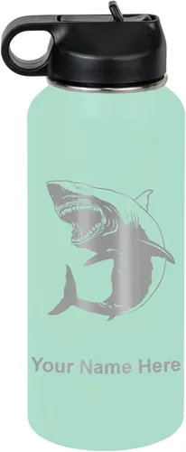 Miniatura 66 de LaserGram Botella de agua personalizada, gran tiburón blanco, acero inoxidable de doble pared aislada al vacío con popote superior, regalo grabado