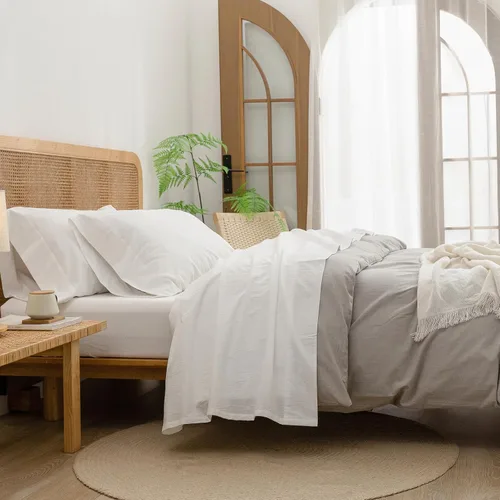 Miniatura 15 de BESTOUCH Juego de sábanas 100% algodón lavado, tacto súper suave, cómodo, elegante, ligero, juego de ropa de cama de 4 piezas, lino sólido, gris
