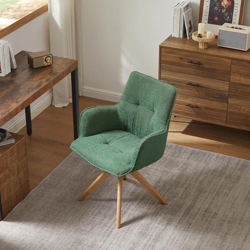 Miniatura 7 de Zouron Silla de escritorio giratoria sin ruedas, silla de oficina tapizada con patas de madera de roble, sillón moderno para espacios pequeños