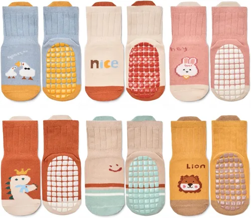 Miniatura 9 de Calcetines antideslizantes de agarre para niños pequeños con suela antideslizante, calcetines de algodón unisex para bebés, niños y niñas, 6 pares