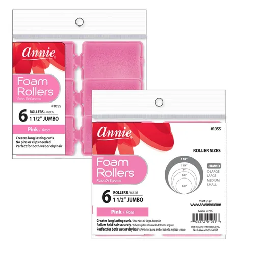 Miniatura 5 de Rulos de Espuma Annie Jumbo, 6 unidades de rizos y ondas sin calor con esponja suave rosa, sin necesidad de pines o clips, para cabello húmedo