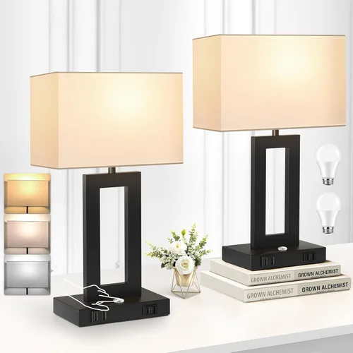 Kondras Juego de 2 lámparas de mesa para dormitorios, 3 temperaturas de color, control táctil, lámparas de noche con 2 puertos USB y salida de CA,