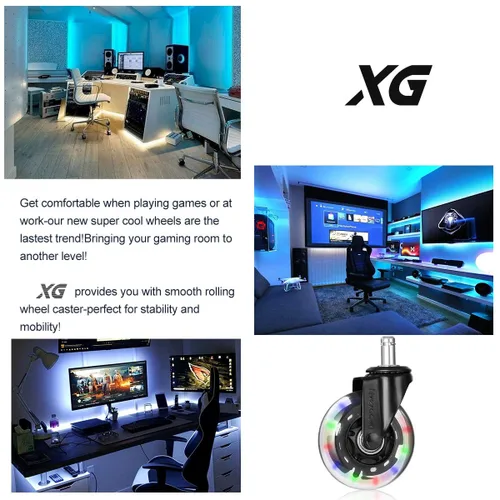 Miniatura 4 de Juego de 5 ruedas para silla de oficina con luces RGB que cambian de color, juego de 5 ruedas de repuesto de goma, ruedas universales silenciosas