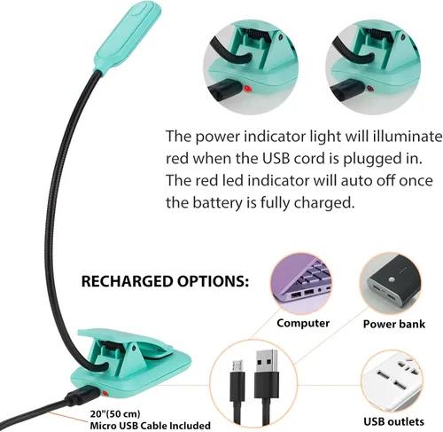 Miniatura 3 de Luz recargable de lectura de libros con clip para niños en la cama, brillo regulable, cuidado de los ojos, 3 modos de iluminación, luz de estudio