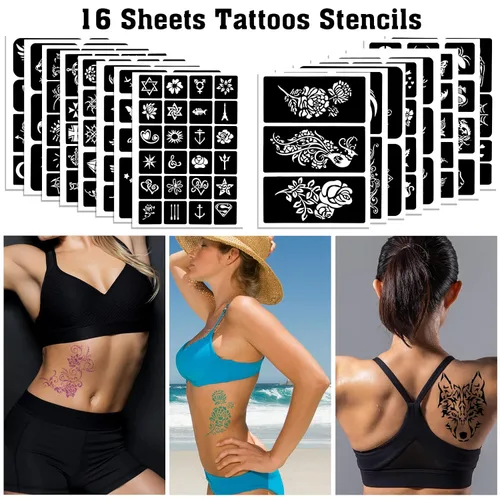 Miniatura 3 de Qpout Plantillas de tatuaje para niños y adultos, kit de plantillas de tatuaje de henna, diseño de plantillas de tatuaje pequeñas y grandes