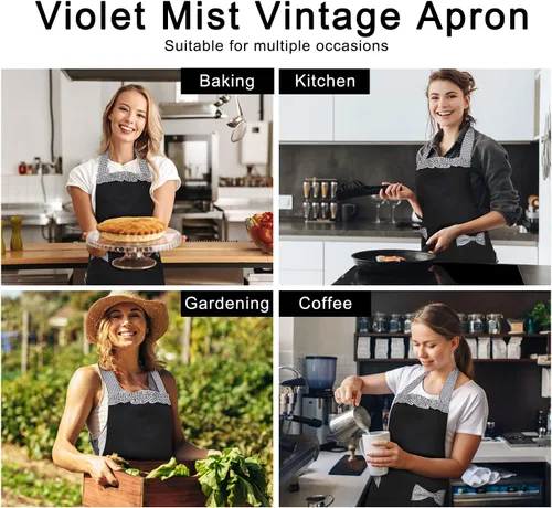 Miniatura 5 de Violet Mist Lindos delantales negros para mujeres con bolsillos, delantales vintage retro elegantes para niñas con lazo, vestido sexy de los años