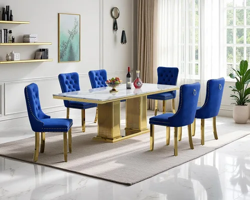Miniatura 22 de Juego de mesa de comedor de mármol para 4, mesa de cocina rectangular de mármol negro de 68 pulgadas con base en H de acero inoxidable dorado, juego