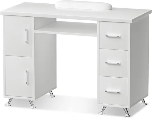Miniatura 13 de Mesa de manicura, mesa de uñas, estación de mesa de uñas, resistente a acetona, cojín de muñeca, 3 cajones y 2 gabinetes