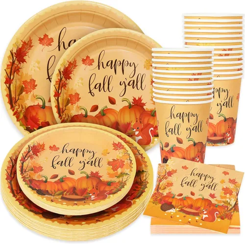 Whaline Juego de 100 platos y servilletas de papel de otoño coloridas de calabaza y hojas de otoño, juego de vajilla desechable, 50 platos de papel,