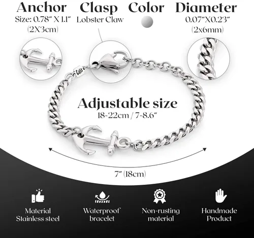 Miniatura 5 de Galis Mens Bracelet with Stainless Steel Anchor Pendant, Silver Plated Chain Non Tarnish Bracelets for Men, Stylish Birthday Gift For Men, Trendy