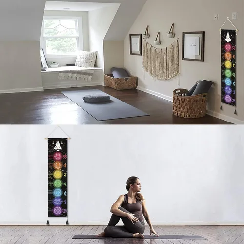Miniatura 6 de DigiTizerArt Póster colgante en lienzo para meditación, 7 chakras y yoga, pintura tapiz colgante de pared blanco y negro 13.0 x 53.1 in (negro)