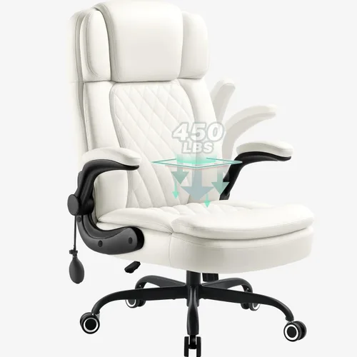 Silla de oficina ejecutiva grande y alta de 450 libras con brazo abatible, silla de escritorio de cuero resistente, cómoda silla giratoria de Blanco