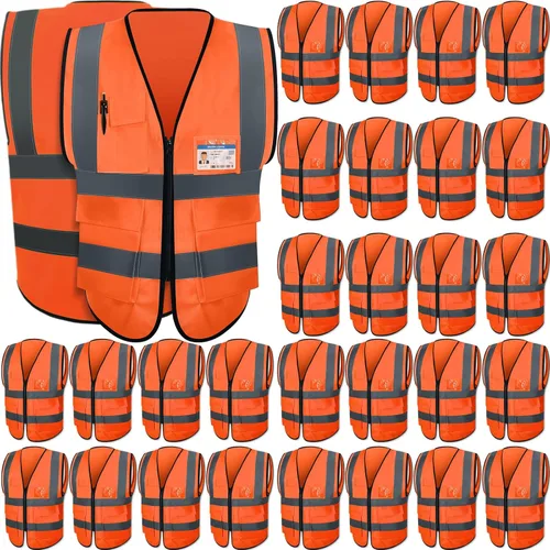Leumoi Paquete de 30 chalecos de seguridad reflectantes con bolsillos y cremallera de alta visibilidad para mujeres y hombres para el trabajo Naranja