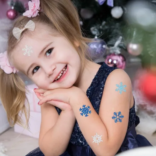 Miniatura 4 de Tatuajes temporales de copos de nieve con purpurina, 48 calcomanías de copo de nieve de invierno, accesorios de ropa lindos para cuerpo, cara